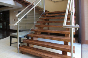 staircase products: steel stair railings; stair railing; open riser staircase