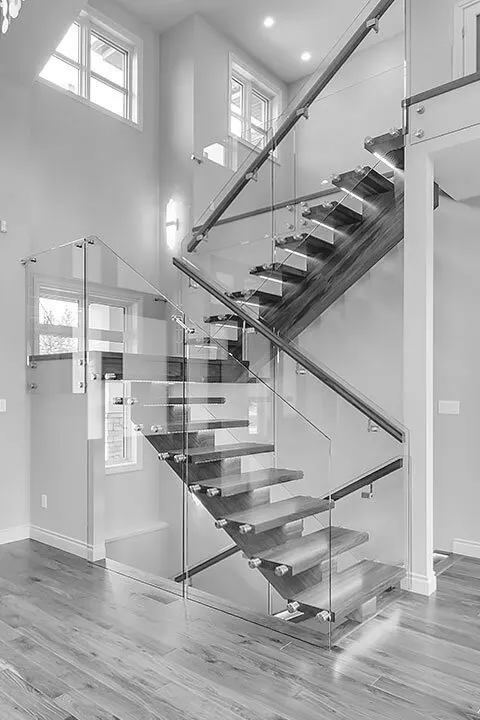 Wood Monostringer and Structural Glass Staircase black and white photo