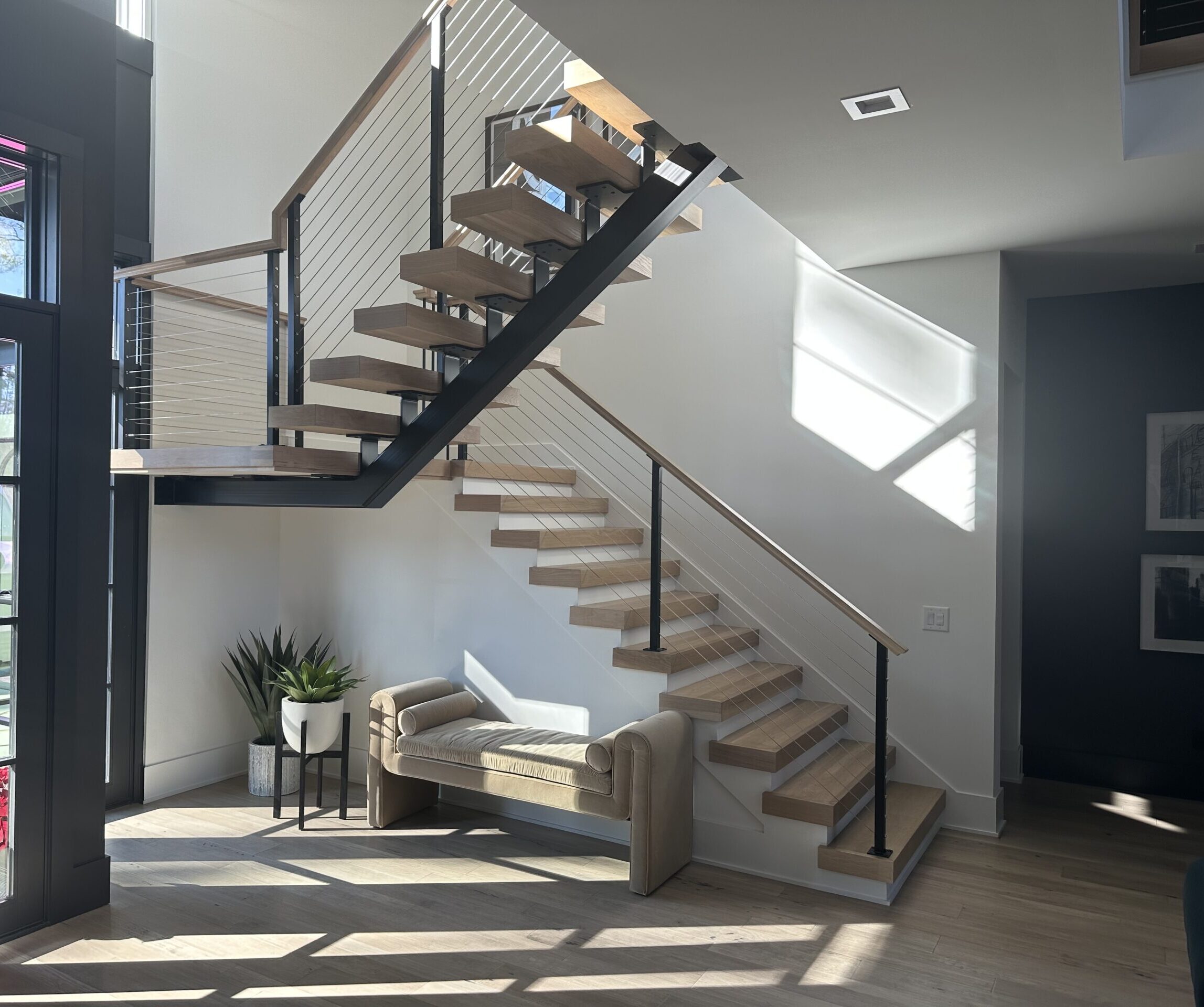 wood and cable mixed materials traditional and floating stair design